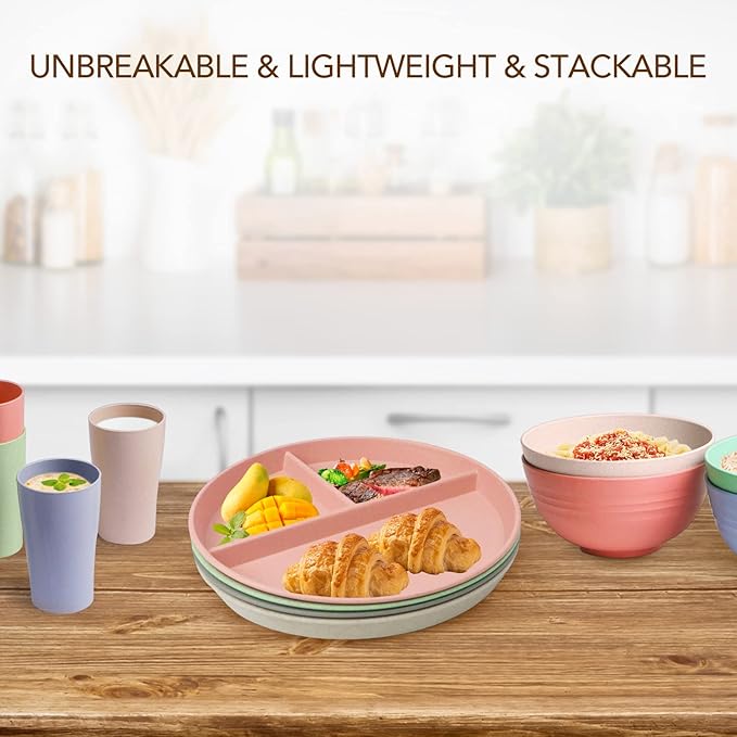 greenandlife 9 Inch (4PCS) Unbreakable Divided Plates for Kids Adults, Dishwasher & Microwave Safe Compartment Plate, Lightweight Reusable Plastic Portion Control Plates, BPA Free and Healthy-HomvellaHome