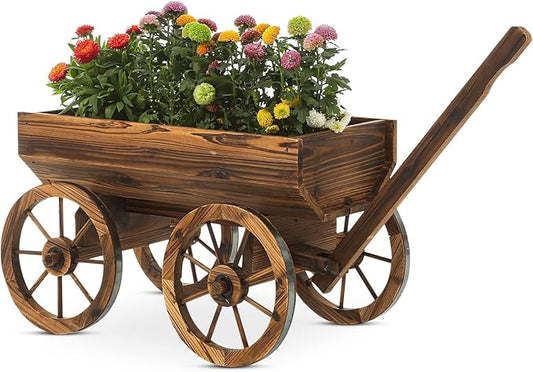 Garden Wooden Decor Rustic Flower Pot,Planters Wagon Indoor Outdoor Backyard Balcony Decor,for Outside Garden Decor Wheelbarrow Planter for Patio (Wooden Wagon)-HomvellaHome