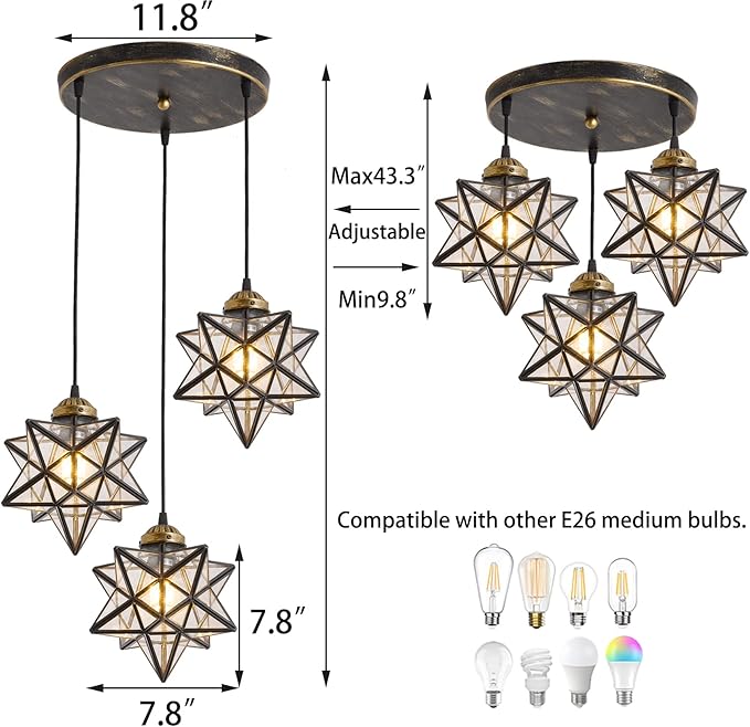 Glass Glam Chandelier Star Pendants Light Fixture Modern Elegant Ceiling Hanging Lights Included LED Warm Light Bulbs Oiled Bronze-HomvellaHome