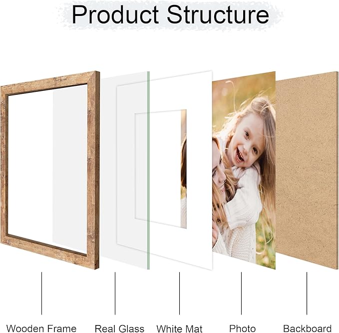 11x14 Picture Frame Set of 4, 11 x 14 Wood Photo Frames with Mat for 8x10, Natural Wooden Frame with Real Glass Cover for Wall and Tabletop Display,Brown-HomvellaHome