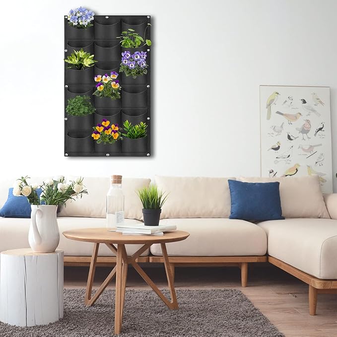 18 Pockets Hanging Planter Bags, Hanging Vertical Wall Mounted Plant Planting Grow Bags, Herb Garden Planter Outdoor Indoor Growing Bag, Gardening Vertical Greening Flower Container(1m×0.5m, Black)-HomvellaHome