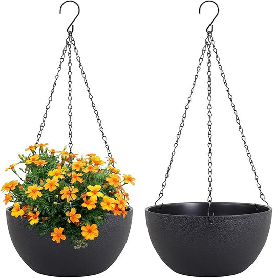 10 inch Hanging Planters for Indoor Outdoor Plants, 2 Pack Hanging Flower Pots with Drainage Holes and Chain for Garden Porch Plants, Round Plastic Hanging Baskets for House Plants, Black-HomvellaHome