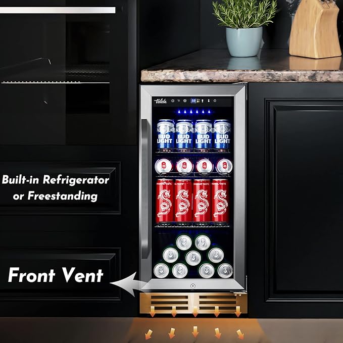 15'' Beverage Refrigerator and Beer Fridge Under Counter Built-in or Freestanding,127 Cans Beverage Cooler with Glass Door and Lock for Bottles and Cans Beer/Soda/Water/Wine-HomvellaHome