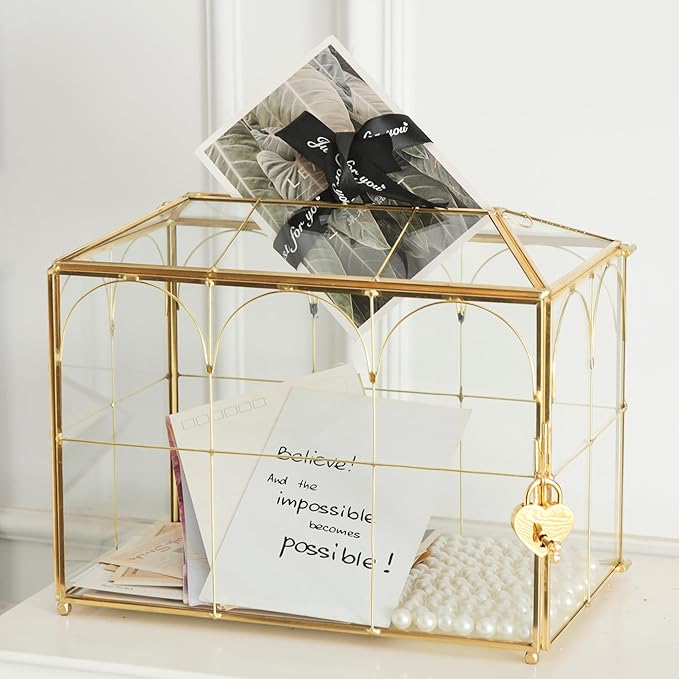 Glass Card Box with Slot, 10.2 inch Large Gold Clear Card Box for Wedding Receptions, Decorative Storage Box with Lock for Baby Shower, Birthday Party, Bridal Shower-HomvellaHome