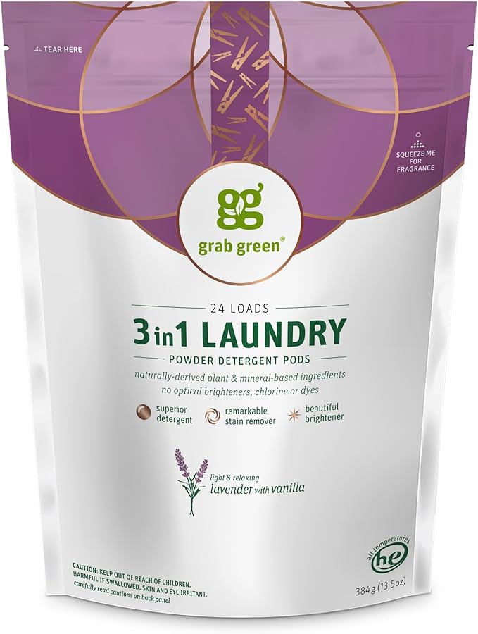 Grab Green 3-in-1 Laundry Detergent Pods, 24 Count, Lavender Vanilla Scent, Plant and Mineral Based, Superior Cleaning Power, Stain Remover, Brightens Clothes-HomvellaHome