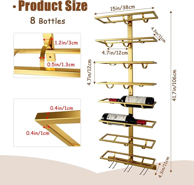 16 Bottle Wall Mount Wine Rack with Wine Glass Holder, Metal Wine Wall Rack, Wall Racks for Wine Bottles Display and Storage, Hanging Bottle Organizer for Living Dining Room Wine Cellar Bar (Gold)-HomvellaHome