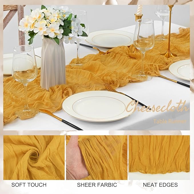 12 Pack Mustard 10FT Cheesecloth Table Runner Rustic Gauze Fabric Cheese Cloth Table Runner for Wedding Bridal Baby Shower Table Decor Boho Sheer Birthday Party Table Decorations 20 x 120 Inch Long-HomvellaHome