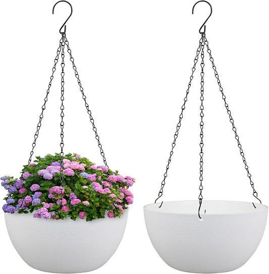 10 inch Hanging Planters for Indoor Outdoor Plants, 2 Pack Hanging Flower Pots with Drainage Holes and Chain for Garden Balcony Porch, Round Plastic Hanging Baskets for House Plants, White-HomvellaHome
