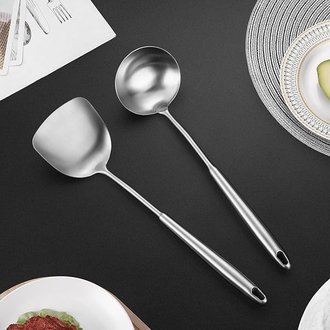 14-15" Wok Spatula and Ladle,2 PCS Wok Tools Set,304 Stainlss Steel Cooking Utensils,Matte Wok Accessories,Solid Wok Utensils-HomvellaHome