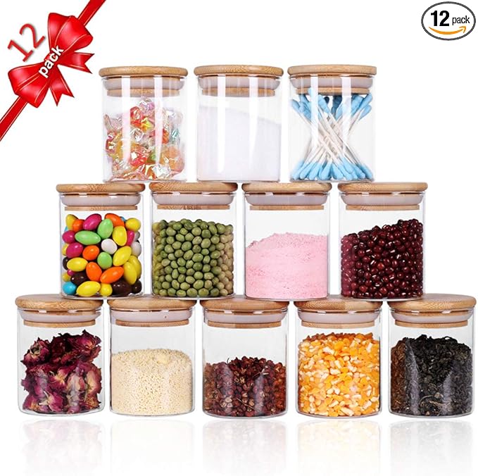 Glass Jars Set,Upgrade Spice Jars with Wood Airtight Lids and Labels, 6oz 12 Piece Small Food Storage Containers for Home Kitchen, Tea, Herbs, Sugar, Salt, Coffee, Flour, Herbs, Grains…-HomvellaHome