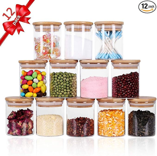 Glass Jars Set,Upgrade Spice Jars with Wood Airtight Lids and Labels, 6oz 12 Piece Small Food Storage Containers for Home Kitchen, Tea, Herbs, Sugar, Salt, Coffee, Flour, Herbs, Grains…-HomvellaHome