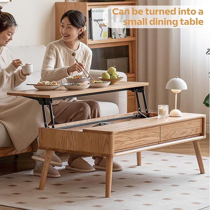 100% Solid Wood Lift Top Coffee Table for Living Room, Mid Century Modern Tables with Drawers and Large Storage, Oak Coffee Tables for Small Spaces (Oak Wood Log, 39.37" W x 21.65" D x 25.59" H)-HomvellaHome