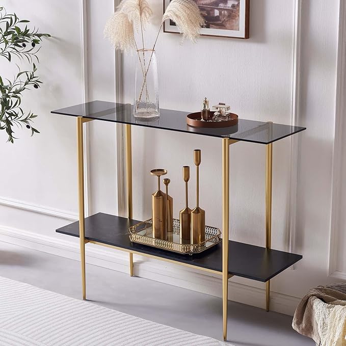 Glass Console Table for Living Room, Foyer & Entrance, 2-Tiers Mid-Century Modern Sofa Table with Grey Glass Top, Black Marble Finish Wood Shelf and Gold Finish Frame-HomvellaHome
