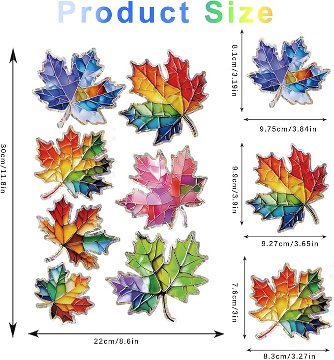 14pcs Window Decals for Bird Strikes, Anti Collision Window Clings, Rainbow Reflection Window Sticker, Maple Leaf Style Sun Catcher Stickers for Glass Windows-HomvellaHome
