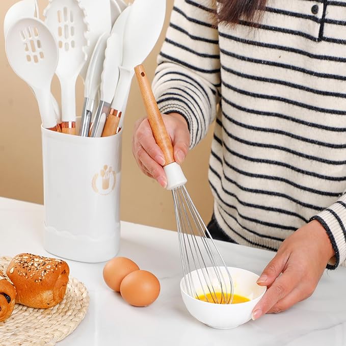 13-Piece silicone utensil set wood handle nonstick cookware safe dishwasher safe kitchen tools BPA free heat resistant (450°F/230°C) ceramic pan safe cooking gifts housewarming (White)-HomvellaHome