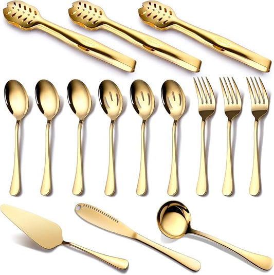 Gold Serving Utensils, OGORI 15-Piece Stainless Steel Gold Serving Utensils Set Include Serving Spoons, Slotted Serving Spoons, Serving Tongs, Serving Forks, Butter Knife, Soup Ladle, Pie Server-HomvellaHome