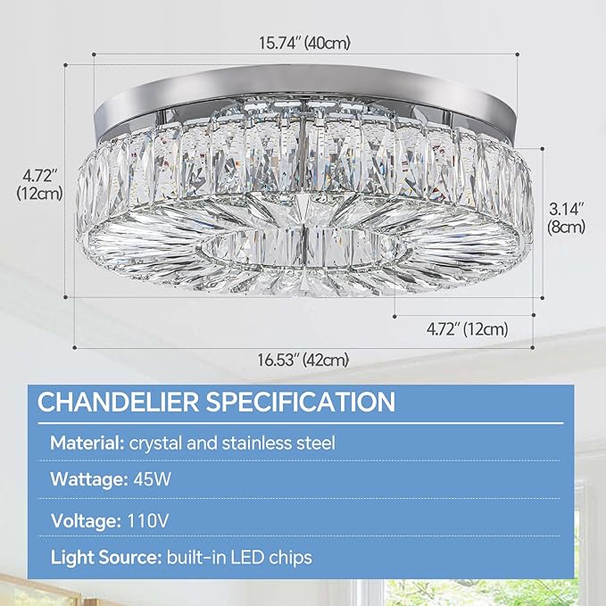 16.5" Crystal Chandelier LED Modern Flush Mount Ceiling Light Fixtures Round Ring Luxury Large Chandelier for Living Room Bedroom Dining Room Entrance (Cool white-16.5")-HomvellaHome