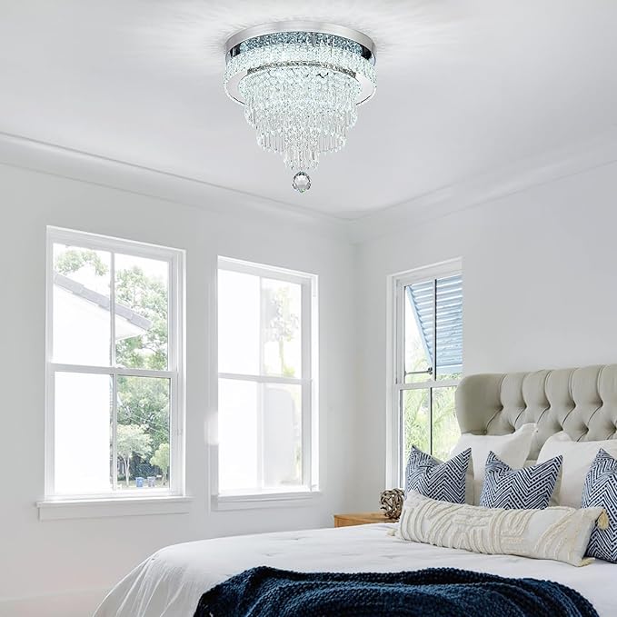 16“ Crystal Chandeliers Light Flush Mount Ceiling Light Fixtures Round Modern LED Chandelier for Living Room Bedroom Dining Room Closet Hallway (Cool White)-HomvellaHome