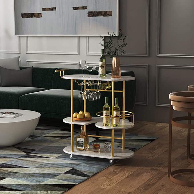 Gold Bar Carts with 4-Tier Storage Shelves, Mobile Bar Serving Cart with Wine Rack and Glass Holder, for The Home, Kitchen, Living Room, Dining Room-HomvellaHome