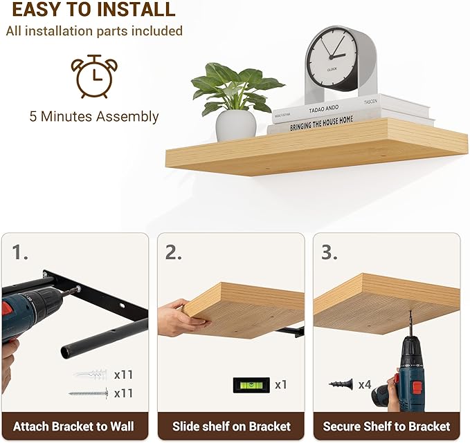 16 Inch Floating Shelves, 3D Textured Wood Grain, 16"x9.25"x1.5" Inch Deep Floating Shelves for Wall, Wooden Shelves for Bathroom, Bedroom, Living Room, Natural-HomvellaHome