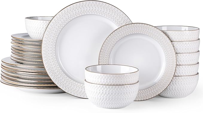 GBHOME Ceramic Dinnerware Sets, 24 pcs Embossed Elegant Stoneware Plates and Bowls Sets, Housewarming Wedding Gift | Dishwasher & Microwave Safe | Dishes Set Service for 8-HomvellaHome