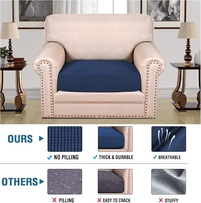 H.VERSAILTEX Super Stretch Individual Seat Cushion Covers Sofa Covers Couch Cushion Covers Slipcover Sets Thick Jacquard Textured Twill Fabric (1 Piece Chair Cushion Cover, Navy)-HomvellaHome