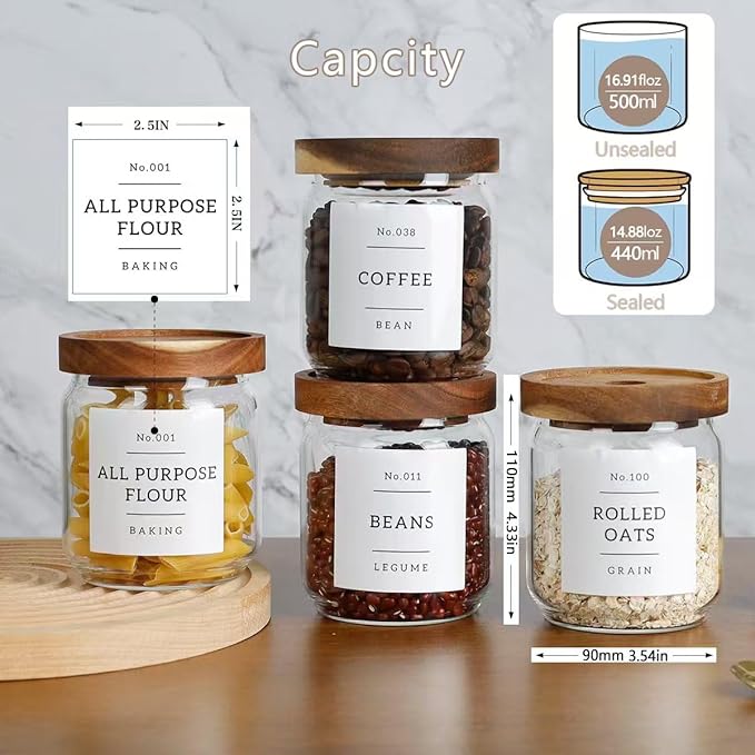 16 OZ Stackable Glass Food Storage Jars with 132 Pantry Labels Preprinted - 6 Pcs Thicken Glass Storage Containers with Airtight Acacia Lid - Clear Kitchen Canister for Spice, Tea, Coffee, Sugar-HomvellaHome