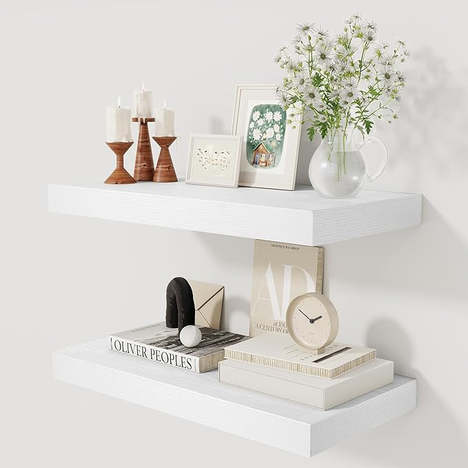 12 Inch Deep White Floating Shelves, 24 x 12 Floating Shelf for Books, Rustic Wood Deep Wall Shelves for Home Storage & Display, 2" Thicked Shelves for Kitchen, Living Room, Bedroom, 2 Pack-HomvellaHome