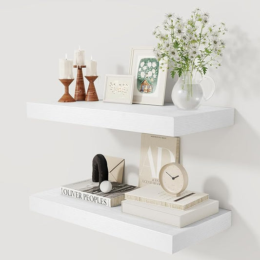 12 Inch Deep White Floating Shelves, 24 x 12 Floating Shelf for Books, Rustic Wood Deep Wall Shelves for Home Storage & Display, 2" Thicked Shelves for Kitchen, Living Room, Bedroom, 2 Pack-HomvellaHome
