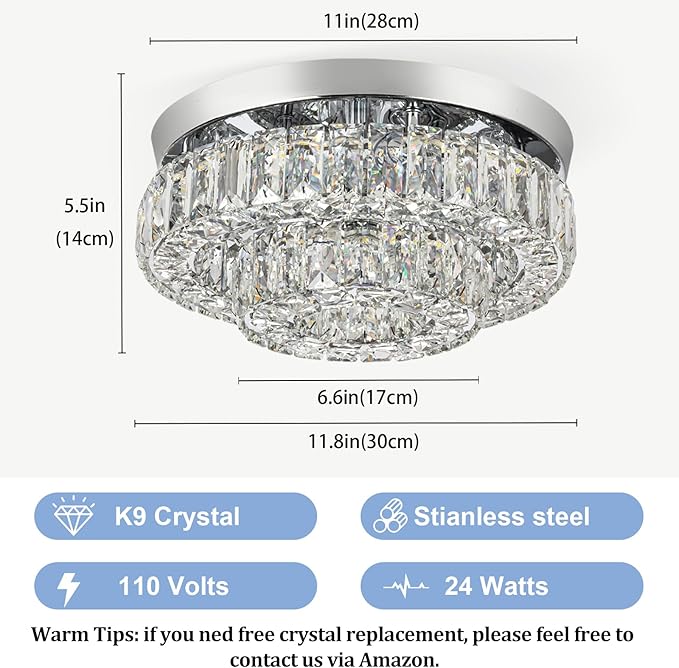 12 Inch Crystal Chandelier LED Ceiling Light 2 Tier Flush Mount Ceiling Light Fixtures Modern Chandelier Lighting for Hallway Bedroom Dining Room Kitchen (Cool White)-HomvellaHome