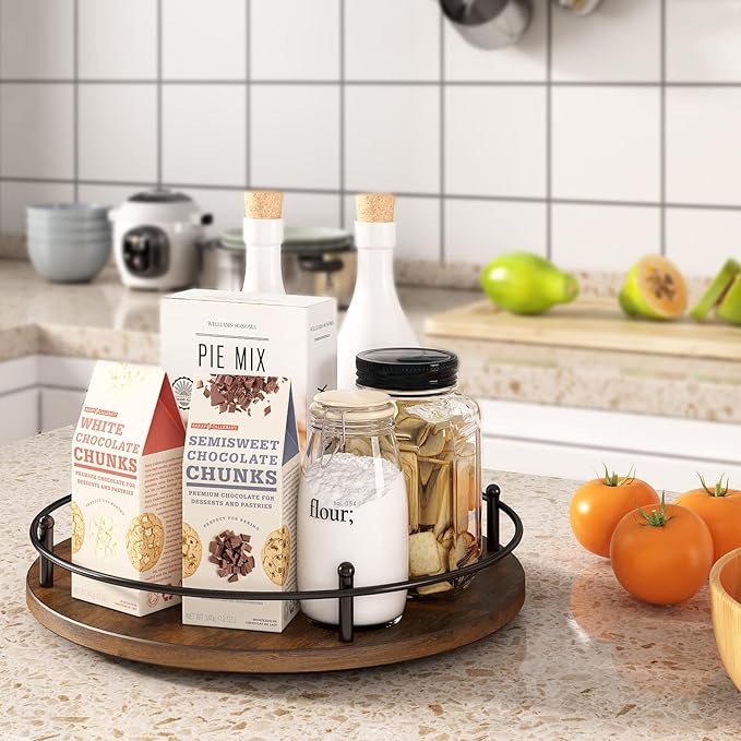 12" Lazy Susan Turntable Organizer,Round Wooden Lazy Susan Organization and Rotating Spice Rack for Dining Table,Pantry,Kitchen Countertop,Vanity,Cupboard and More.Vintage Wood(Round)-HomvellaHome