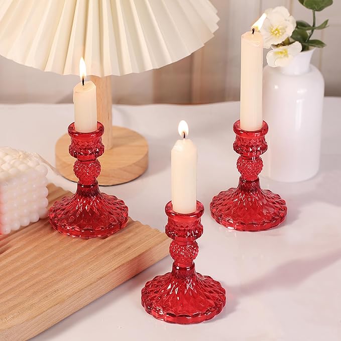 12Pcs Red Candlestick Holders Set- 4" H Taper Candle Holders Bulk, Glass Candle Holders for Activities, Party, Romantic Dinner Table Centerpieces, Festival Gifts & Windowsill Decor-HomvellaHome