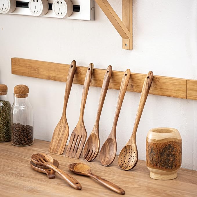 Gudamaye 13 inch Long Wooden Spoons for Cooking,Wooden Utensils for Cooking with Utensils Holder,9 PCES Wooden Kitchen Utensils Set with Utensils Holder and Spoon Rest,Natural Teak Wooden Spoons Set-HomvellaHome