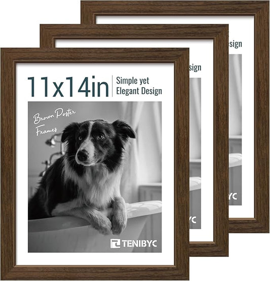 11x14 Picture Frame Set - 3 Pack, Brown Woodgrain, Wood Photo Frame, HD Tempered Glass, Wall Gallery Photo Frame-HomvellaHome