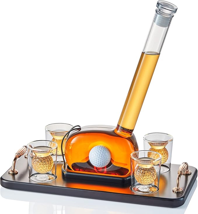 Golf Whiskey Decanter Set with 4 Golf Ball Shot Glasses, Unique Golf Gifts for Men Women, 750ml Golf Themed Liquor Dispenser, Golf Club Drink Dispenser for Bourbon, Scotch, Vodka, Tequila-HomvellaHome
