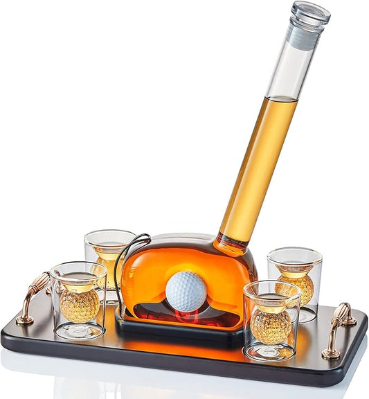 Golf Whiskey Decanter Set with 4 Golf Ball Shot Glasses, Unique Golf Gifts for Men Women, 750ml Golf Themed Liquor Dispenser, Golf Club Drink Dispenser for Bourbon, Scotch, Vodka, Tequila-HomvellaHome