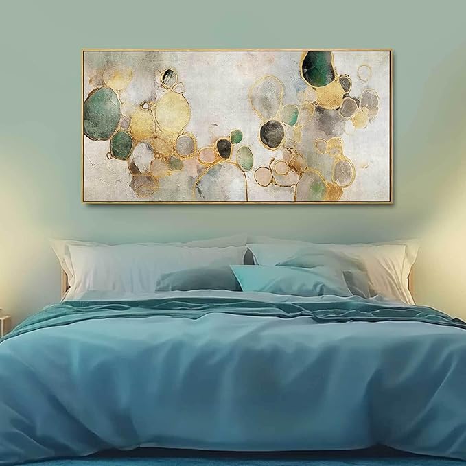 Gold Circle Modern Artwork Framed Abstract Wall Art Green Canvas Decor 24"x48" Wall Decorations for Bedroom Living Room Kitchen-HomvellaHome