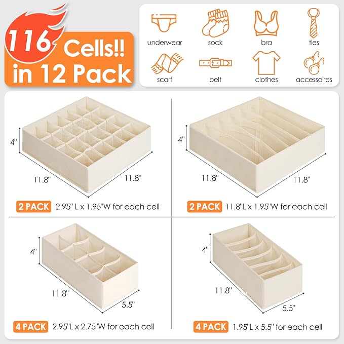 12 Pack Baby Clothes Organizer for Nursery, 116 Cells Fabric Foldable Dresser Closet Organizers and Storage Bins for Clothing, Women Men Underwear Socks, Bra, Ties, Scarf, Belt, Hair Accessories-HomvellaHome