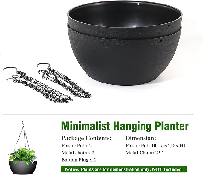 10 inch Hanging Planters for Outdoor Indoor Plants with Drainage Holes and Chain, 2 Pack Round Hanging Flower Pots for Garden Home Porch Decor, Black-HomvellaHome