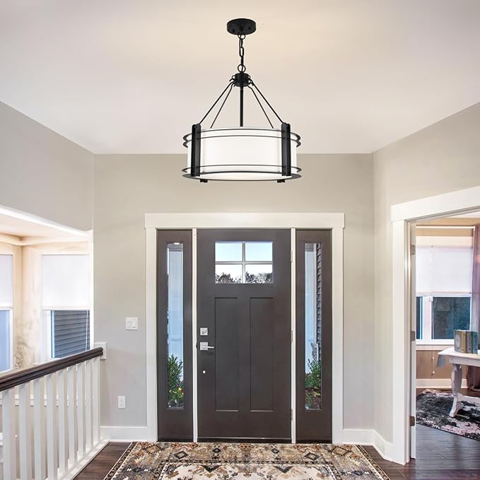 16.3''Black Drum Chandelier 3-Light Modern Farmhouse Chandelier with White Fabric Shade Adjustable Drum Pendant Light Fixture for Dining Room Kitchen Island Hallway Living Bedroom-HomvellaHome