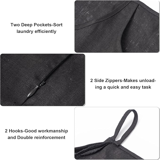 100% Pure Linen Dual Hanging Laundry Bag with 2 Deep Pocket and 2 Side Zipper 20x27in, Over The Door Laundry Hamper Space Saving Hampers for Dirty Clothes Home Travel, Black-HomvellaHome