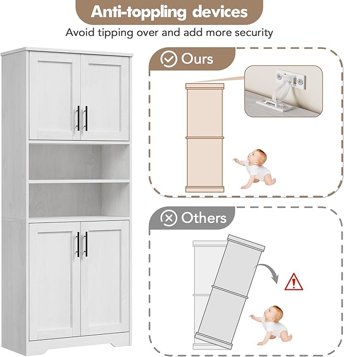 GarveeHome 67" Tall Storage Cabinet, Tall Bathroom Cabinet with 4 Doors and Adjustable Shelves, Freestanding Kitchen Pantry Cabinets, Cupboard for Living Room, Dining Room, Antique White-HomvellaHome