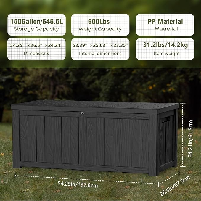 150 Gallon Outdoor Storage Box Patio Deck Box Waterproof, Resin Lockable Outside Large Storage Bin for Pool Cushion Furniture, Garden Tools UV-Resistant, Black-HomvellaHome