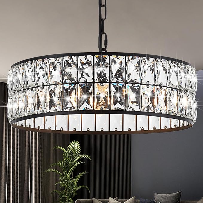 16” 4-Light Modern Crystal Chandeliers Black Dinning Room Light Fixture, Round Pendant Light Kitchen Island Chandelier, Flush Mount Ceiling Light for Living Room Entryway Bedroom Foyer-HomvellaHome
