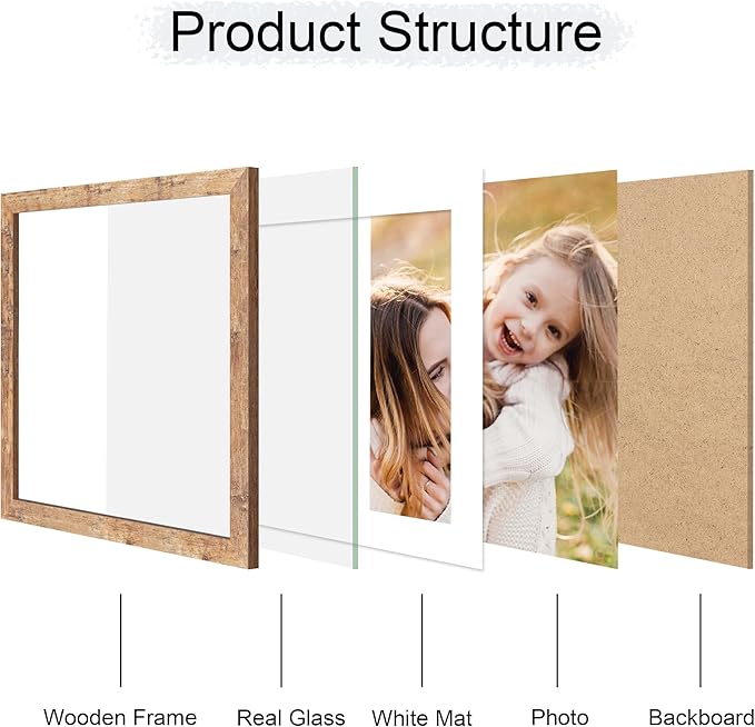 12x12 Picture Frame Set of 4, 12 x 12 Wood Photo Frames with Mat for 10x10 or 30x30cm Diamond Painting Art, Wooden Frame with Real Glass Cover for Wall and Tabletop Display,Brown-HomvellaHome