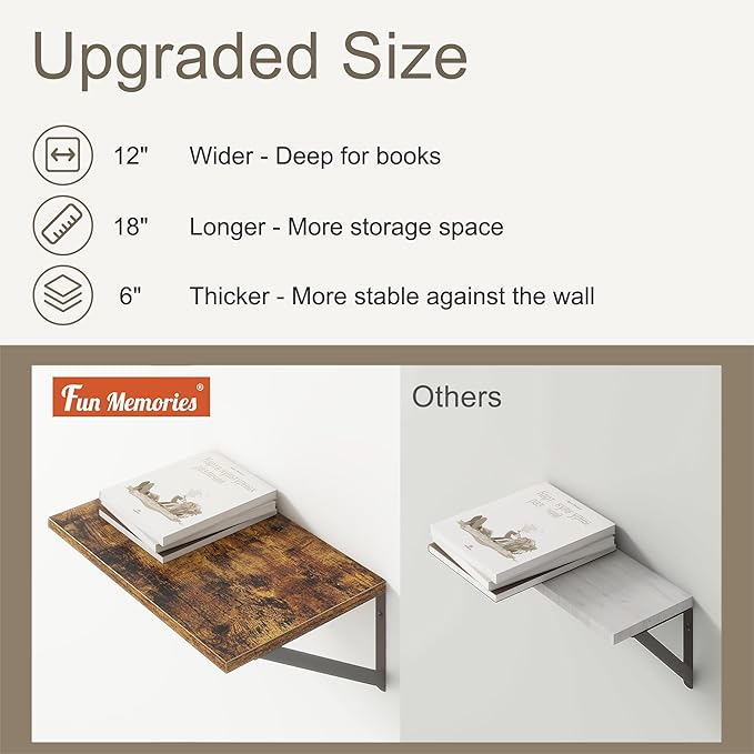 18"W x12"D Floating Shelves, Farmhouse Wall Shelves Home Decor Shelf, Deep Bathroom Shelf with Bracket, 12 Inch Deep Wall Shelves for Living Room, Kitchen, Bedroom, Rustic Brown, Set of 2-HomvellaHome