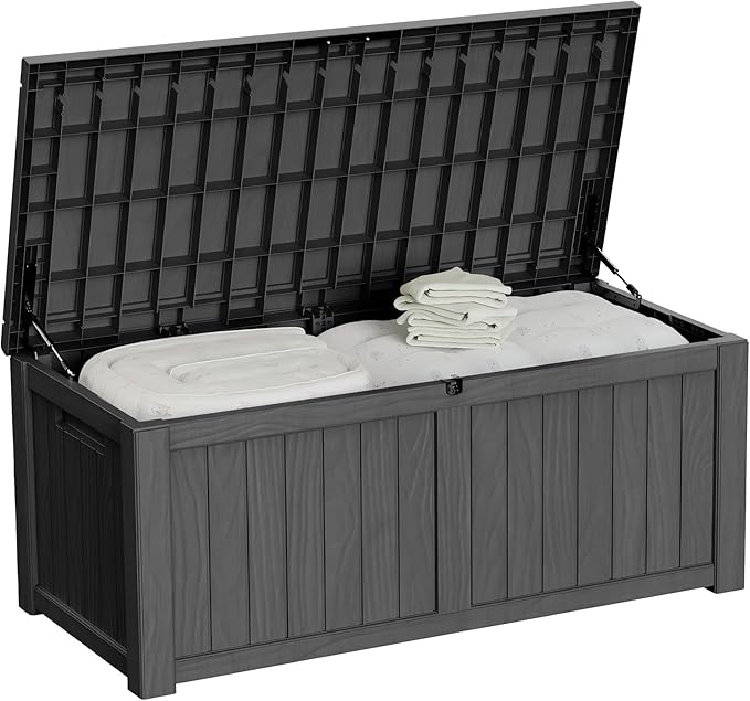 150 Gallon Outdoor Storage Box Patio Deck Box Waterproof, Resin Lockable Outside Large Storage Bin for Pool Cushion Furniture, Garden Tools UV-Resistant, Black-HomvellaHome