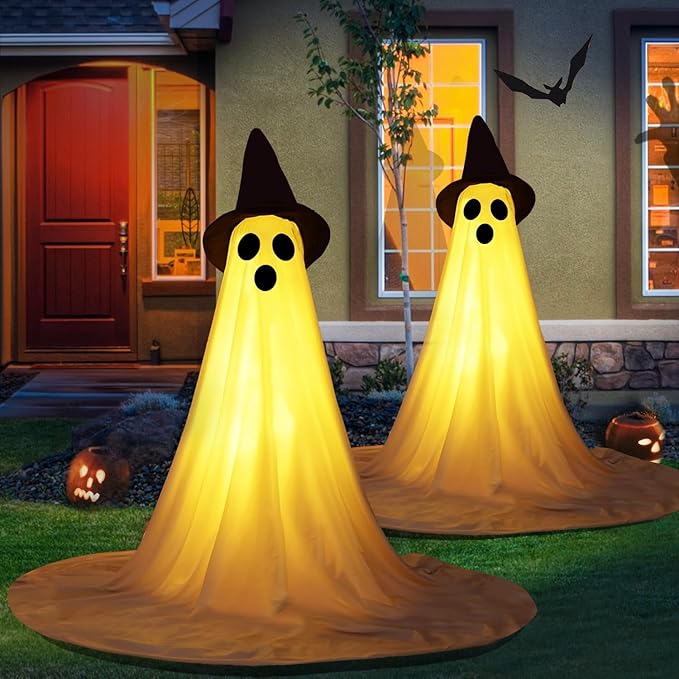 2 Packs Halloween Ghost Outdoor Decorations, 59” Light Up Ghost Decor with Remote Control, Adjustable Height Standing Halloween Lighted Ghost Kit with Witch Hat Ideal for Porch, Garden, Yard-HomvellaHome