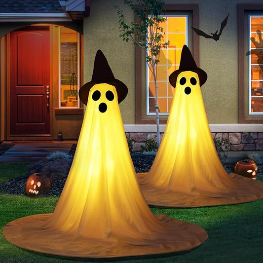 2 Packs Halloween Ghost Outdoor Decorations, 59” Light Up Ghost Decor with Remote Control, Adjustable Height Standing Halloween Lighted Ghost Kit with Witch Hat Ideal for Porch, Garden, Yard-HomvellaHome