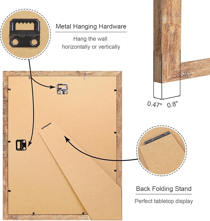 11x14 Picture Frame Set of 4, 11 x 14 Wood Photo Frames with Mat for 8x10, Natural Wooden Frame with Real Glass Cover for Wall and Tabletop Display,Brown-HomvellaHome